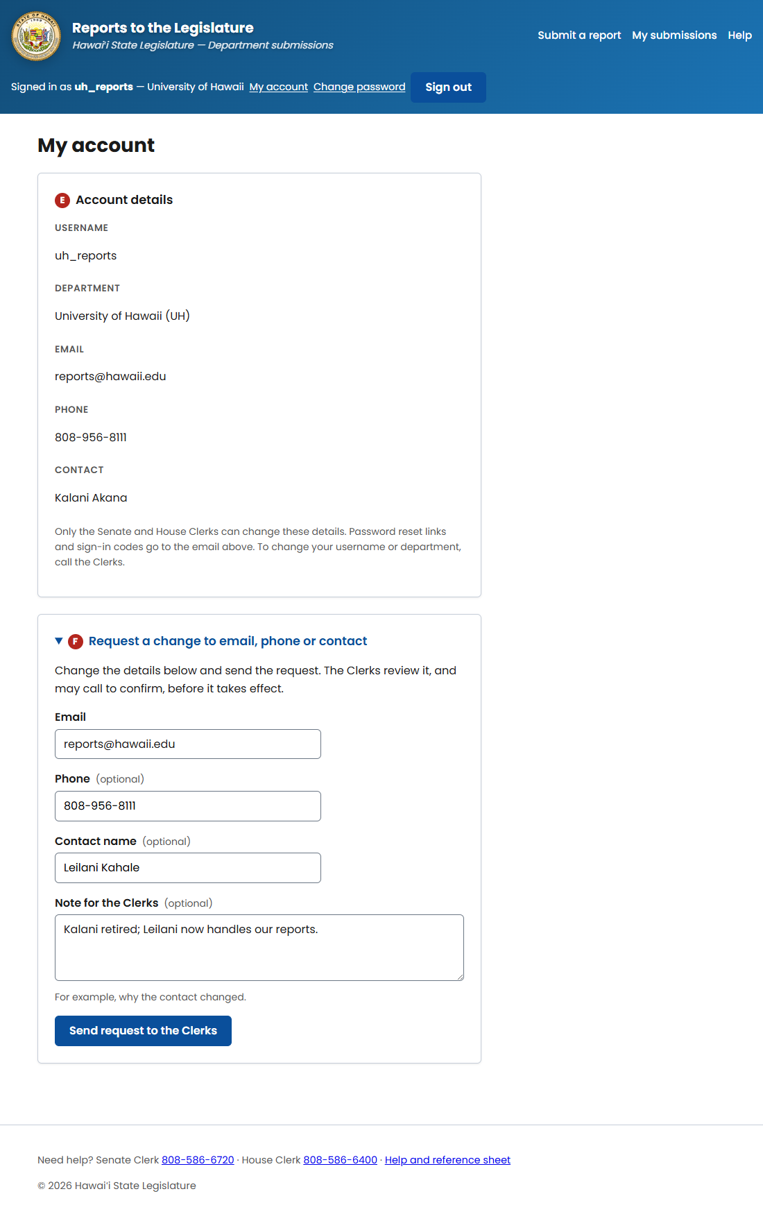 The Account details section (E) of the My account page: Username, Department, Email, Phone and Contact.