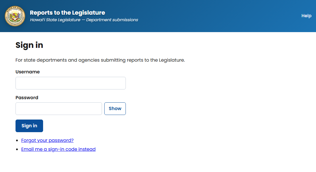 The Sign in page: Username and Password fields, a Sign in button, and links for Forgot your password and Email me a sign-in code instead.