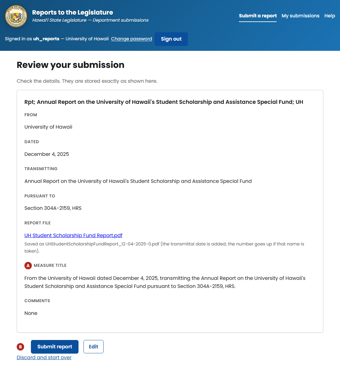 The Review your submission page listing From, Dated, Transmitting, Pursuant to, Report file and the Measure title (A), with Submit report (B), Edit, and Discard and start over.