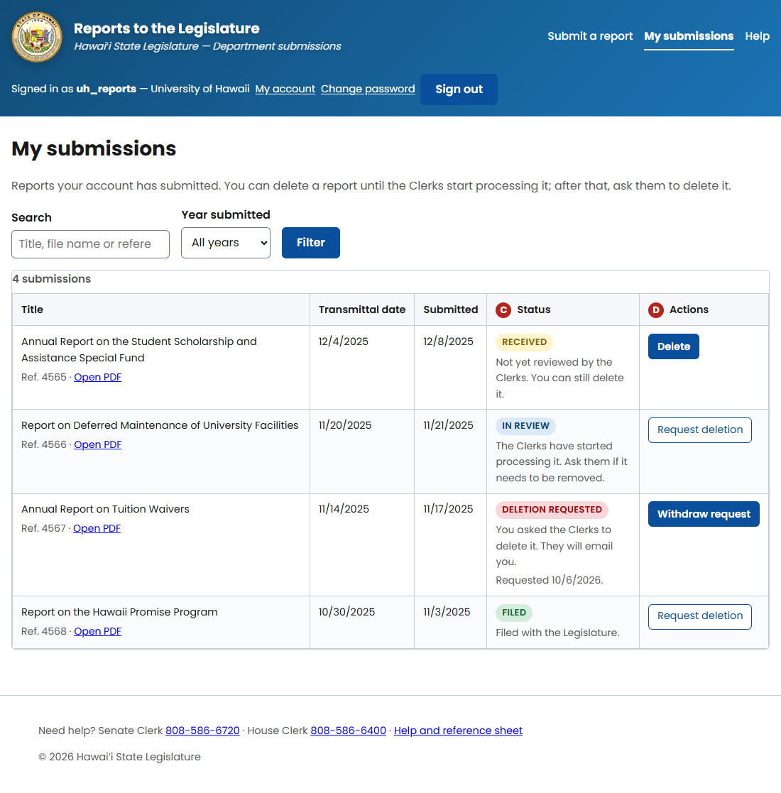 The site header: Reports to the Legislature, with Submit a report, My submissions and Help on the right, and Signed in as, My account, Change password and Sign out below.